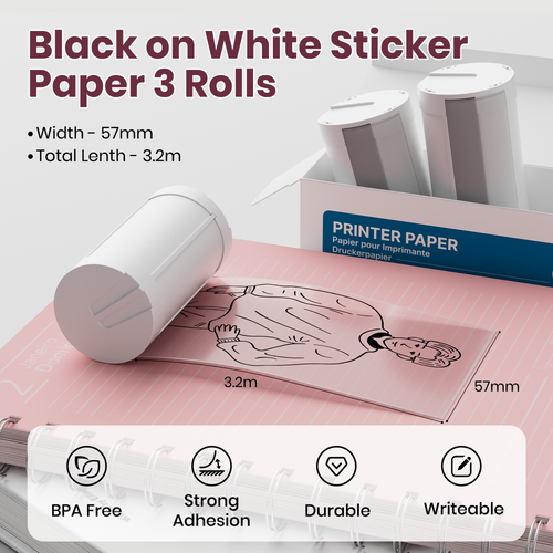 ETIKEZ Genuine Self-Adhesive Thermal Printer Stickers, Compatible with PM290C Mini Sticker Printer, Black on White, 54mmx3.5m Sticker Paper, 3 Rolls, Transparent