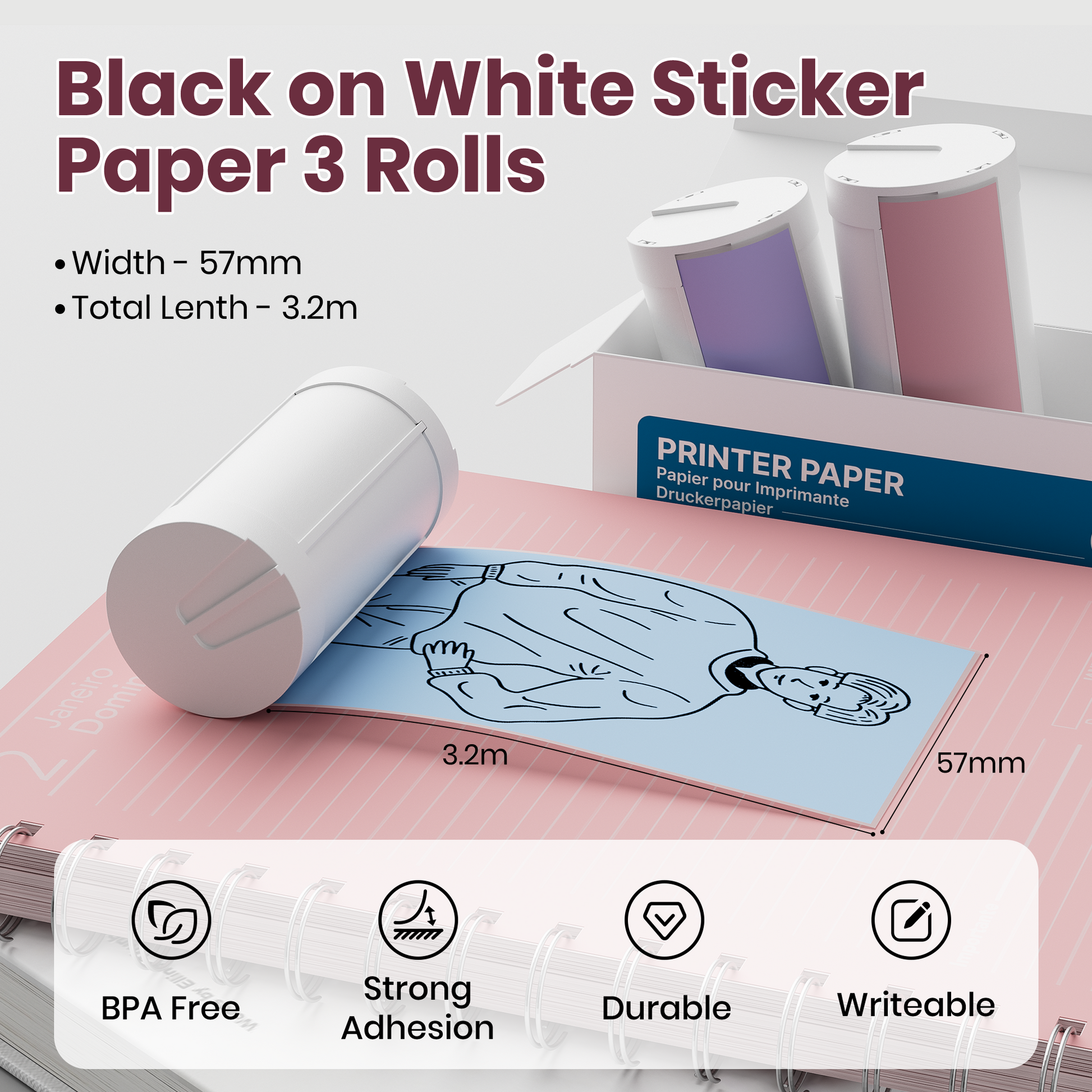 ETIKEZ Genuine Self-Adhesive Thermal Printer Stickers, Compatible with PM290C Mini Sticker Printer, Black on White, 54mmx3.5m Sticker Paper, 3 Rolls, Blue/Pink/Purple