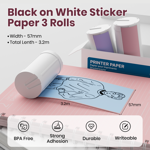 ETIKEZ Genuine Self-Adhesive Thermal Printer Stickers, Compatible with PM290C Mini Sticker Printer, Black on White, 54mmx3.5m Sticker Paper, 3 Rolls, Blue/Pink/Purple