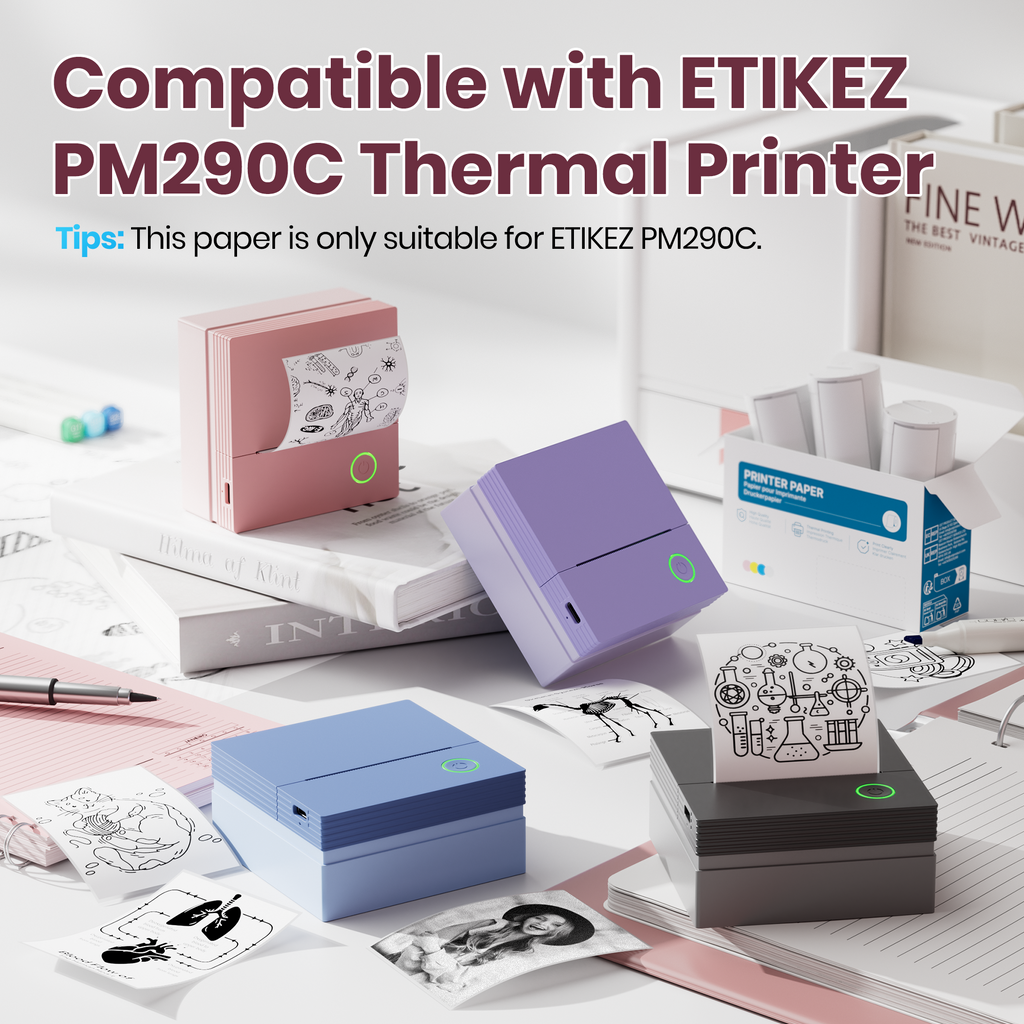 ETIKEZ Genuine Self-Adhesive Thermal Printer Stickers, Compatible with PM290C Mini Sticker Printer, Black on White, 54mmx3.5m Sticker Paper, 3 Rolls, White