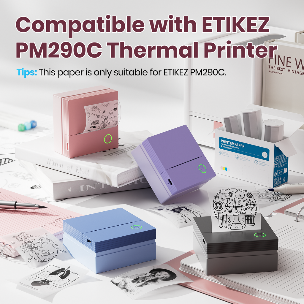 ETIKEZ Genuine Self-Adhesive Thermal Printer Stickers, Compatible with PM290C Mini Sticker Printer, Black on White, 54mmx3.5m Sticker Paper, 3 Rolls, Transparent