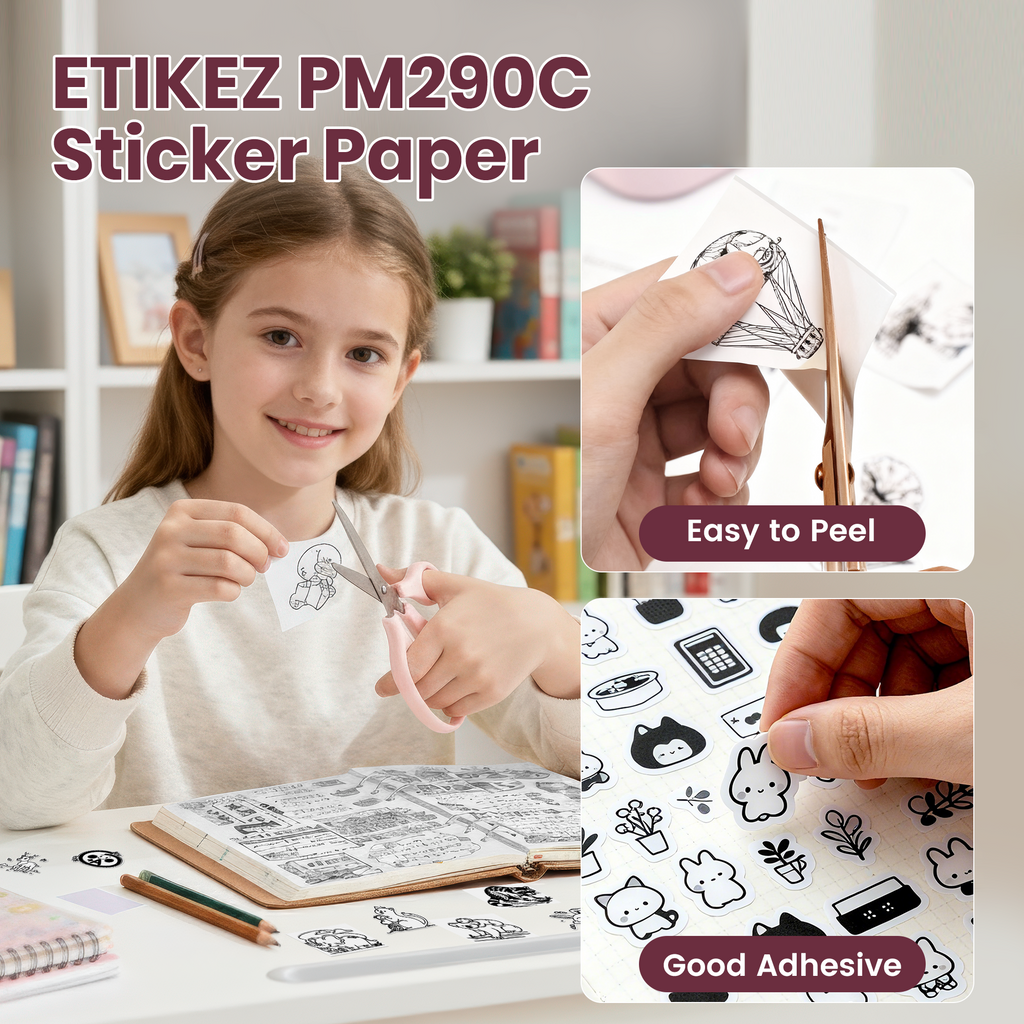 ETIKEZ Genuine Self-Adhesive Thermal Printer Stickers, Compatible with PM290C Mini Sticker Printer, Black on White, 54mmx3.5m Sticker Paper, 3 Rolls, White