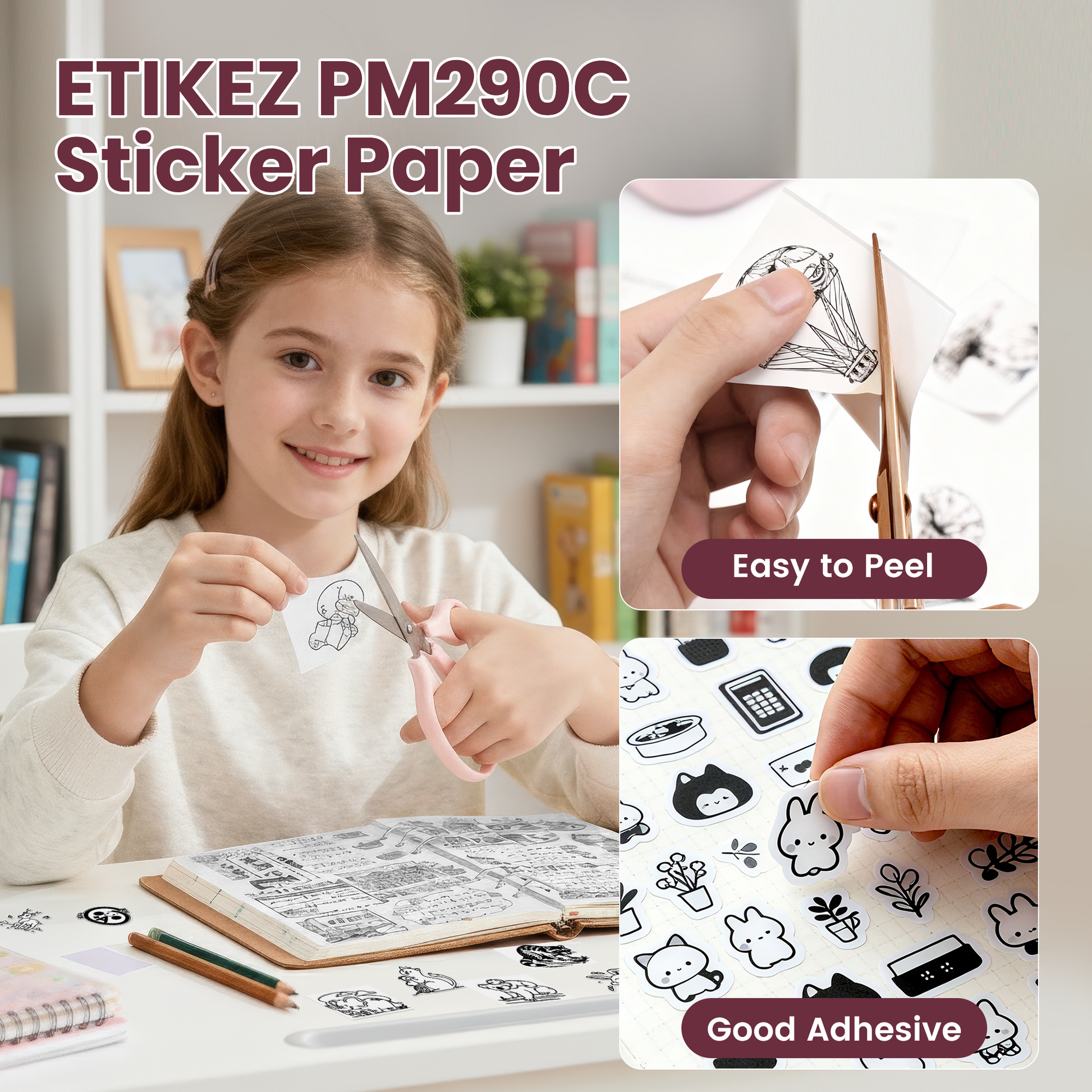 ETIKEZ Genuine Self-Adhesive Thermal Printer Stickers, Compatible with PM290C Mini Sticker Printer, Black on White, 54mmx3.5m Sticker Paper, 3 Rolls, White