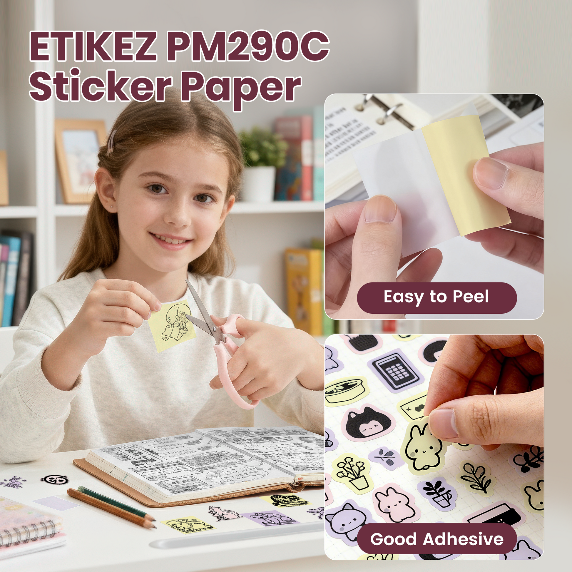 ETIKEZ Genuine Self-Adhesive Thermal Printer Stickers, Compatible with PM290C Mini Sticker Printer, Black on White, 54mmx3.5m Sticker Paper, 3 Rolls, Yellow/Pink/Purple