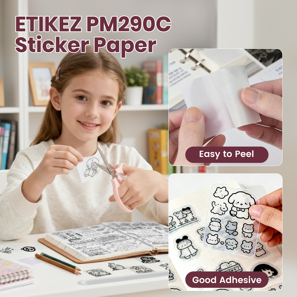 ETIKEZ Genuine Self-Adhesive Thermal Printer Stickers, Compatible with PM290C Mini Sticker Printer, Black on White, 54mmx3.5m Sticker Paper, 3 Rolls, Transparent