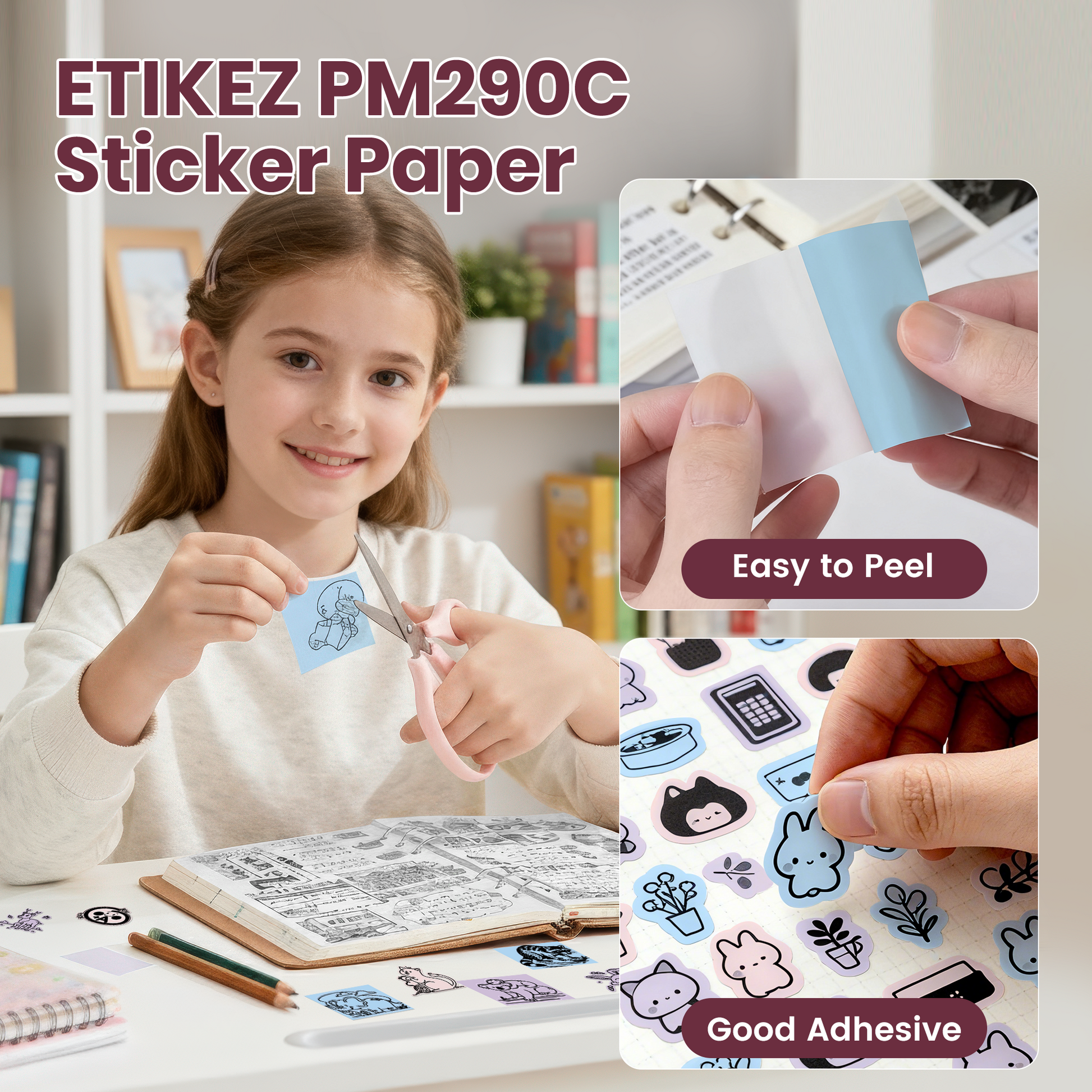 ETIKEZ Genuine Self-Adhesive Thermal Printer Stickers, Compatible with PM290C Mini Sticker Printer, Black on White, 54mmx3.5m Sticker Paper, 3 Rolls, Blue/Pink/Purple