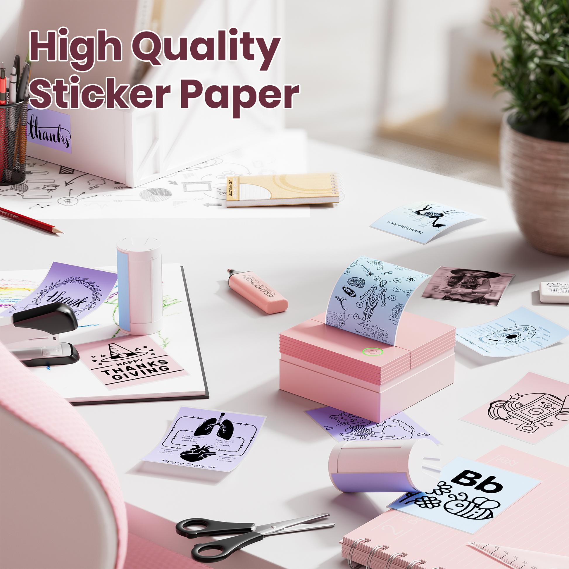 ETIKEZ Genuine Self-Adhesive Thermal Printer Stickers, Compatible with PM290C Mini Sticker Printer, Black on White, 54mmx3.5m Sticker Paper, 3 Rolls, Blue/Pink/Purple