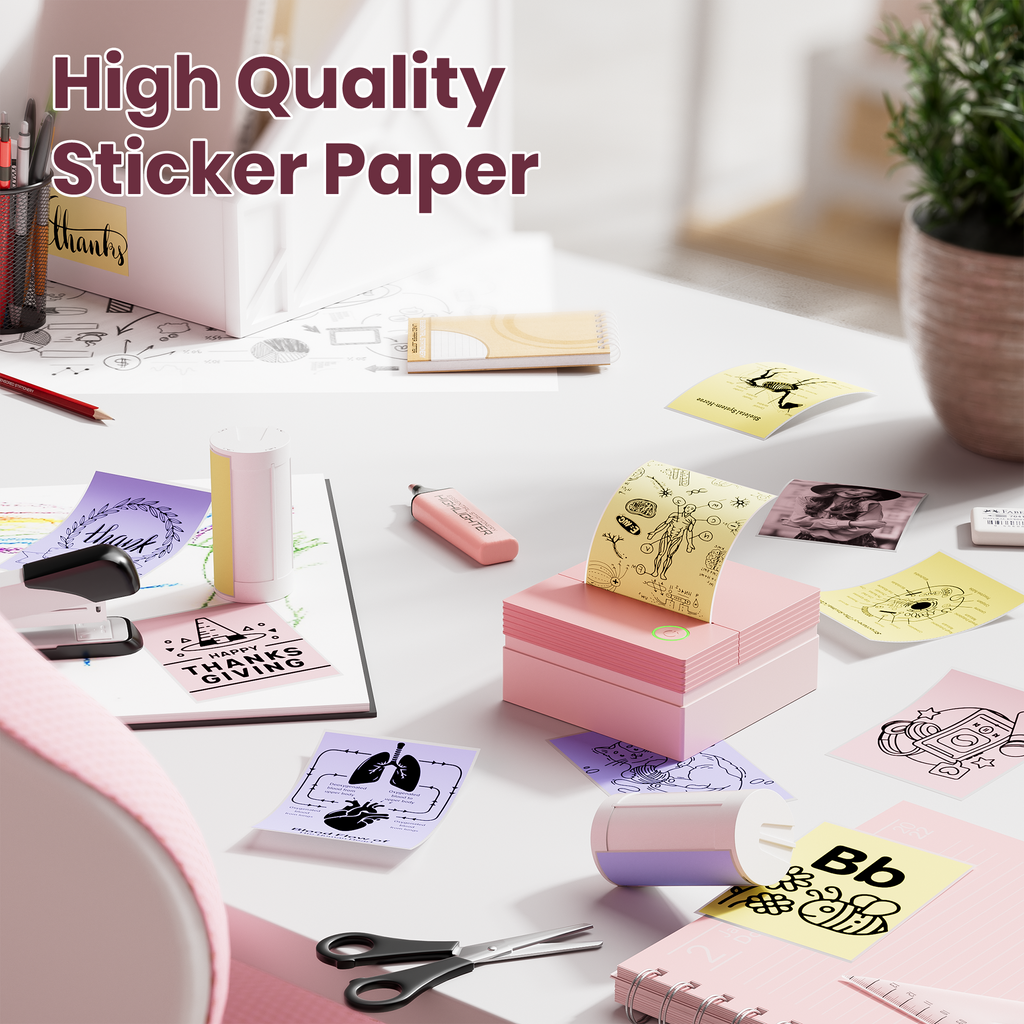 ETIKEZ Genuine Self-Adhesive Thermal Printer Stickers, Compatible with PM290C Mini Sticker Printer, Black on White, 54mmx3.5m Sticker Paper, 3 Rolls, Yellow/Pink/Purple