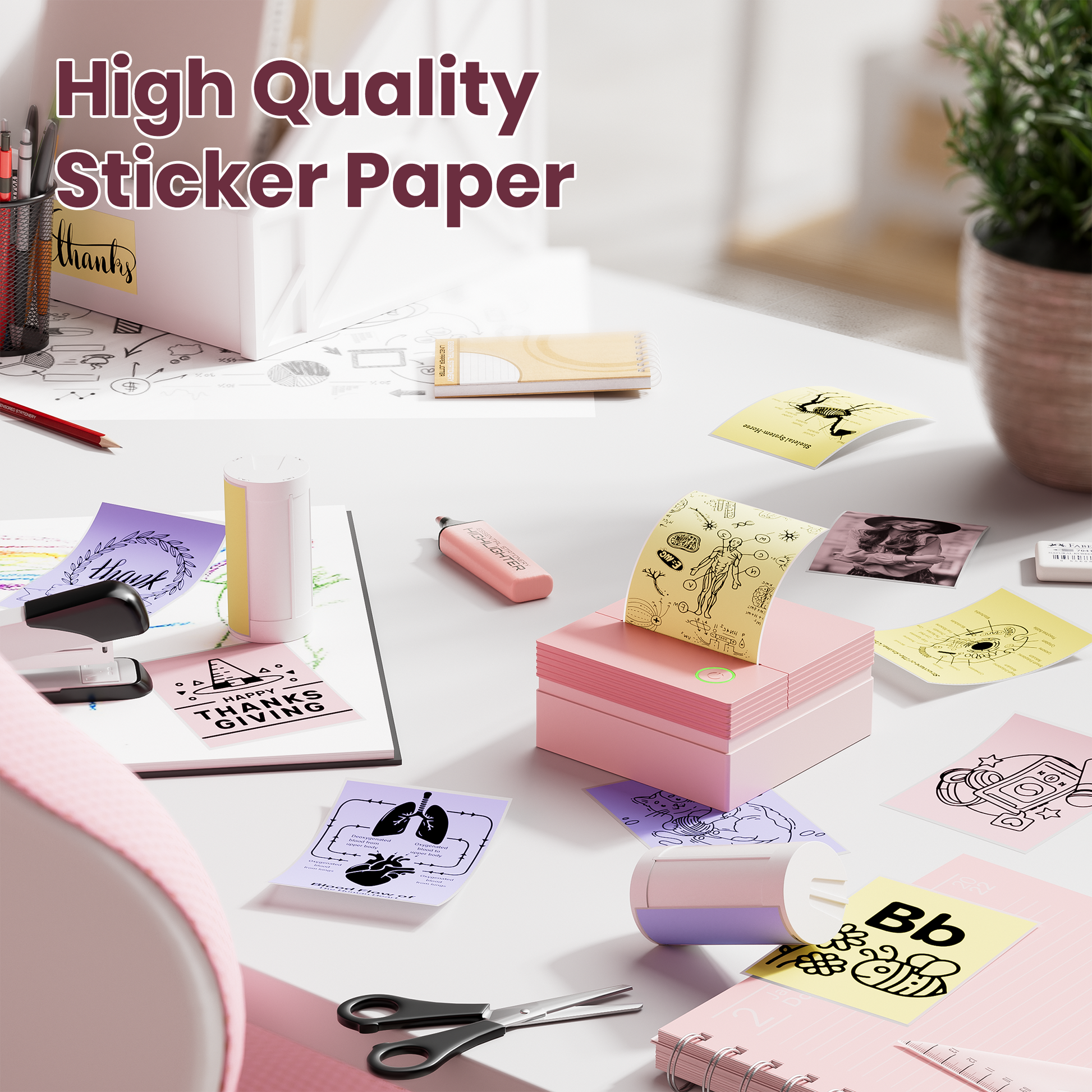 ETIKEZ Genuine Self-Adhesive Thermal Printer Stickers, Compatible with PM290C Mini Sticker Printer, Black on White, 54mmx3.5m Sticker Paper, 3 Rolls, Yellow/Pink/Purple