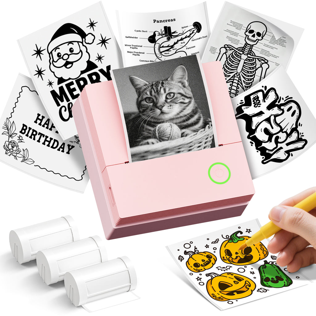 ETIKEZ PM290C Portable Mini Sticker Printer Print Pods Machine, Wireless Bluetooth Sticker Maker with 3 Rolls Paper,Pink