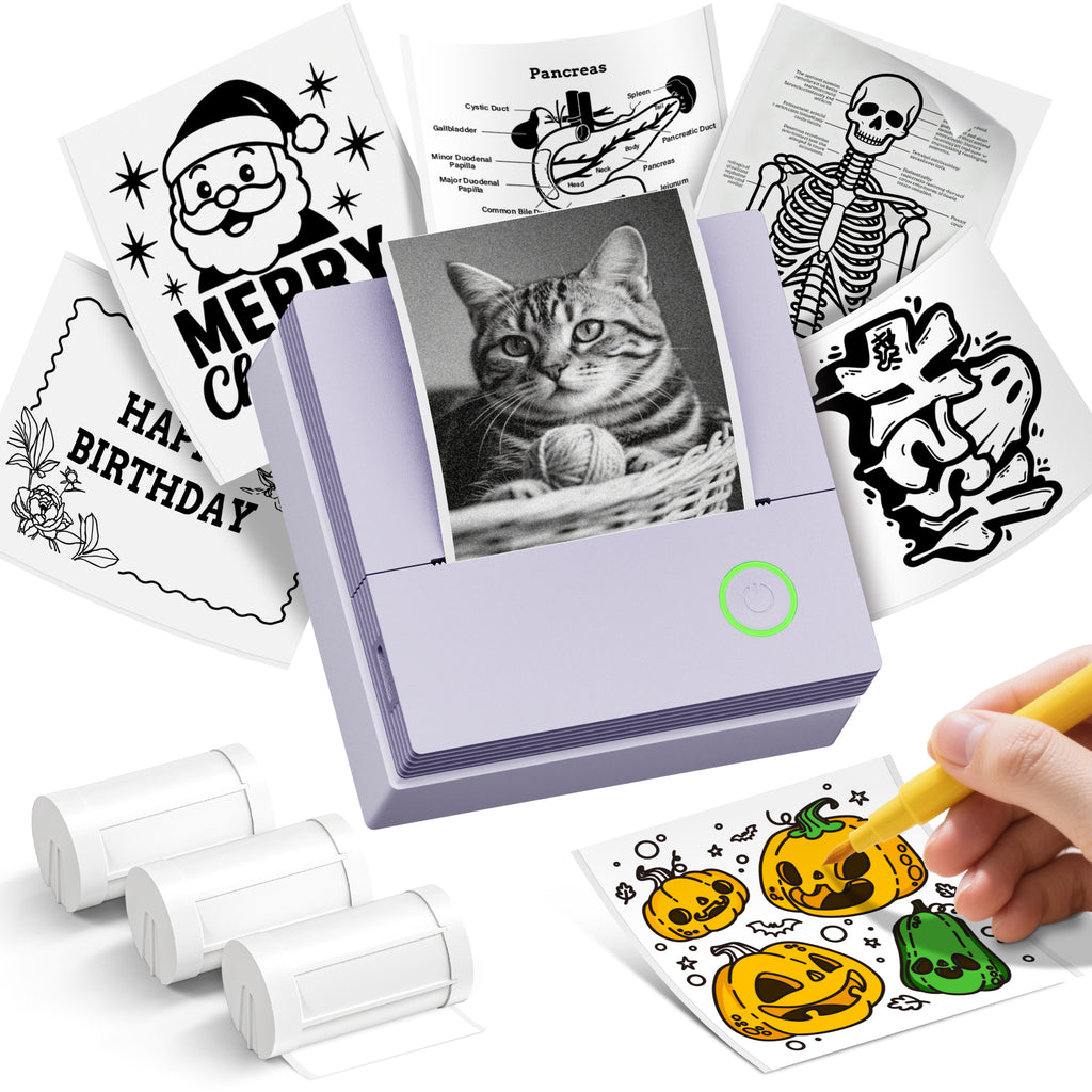 ETIKEZ PM290C Portable Mini Sticker Printer Print Pods Machine, Wireless Bluetooth Sticker Maker with 3 Rolls Paper,Purple